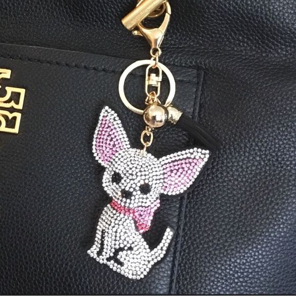 CHIHUAHUA KEYCHAIN SILVER AND PINK RHINESTONES DOG LOVERS - Picture 3 of 6